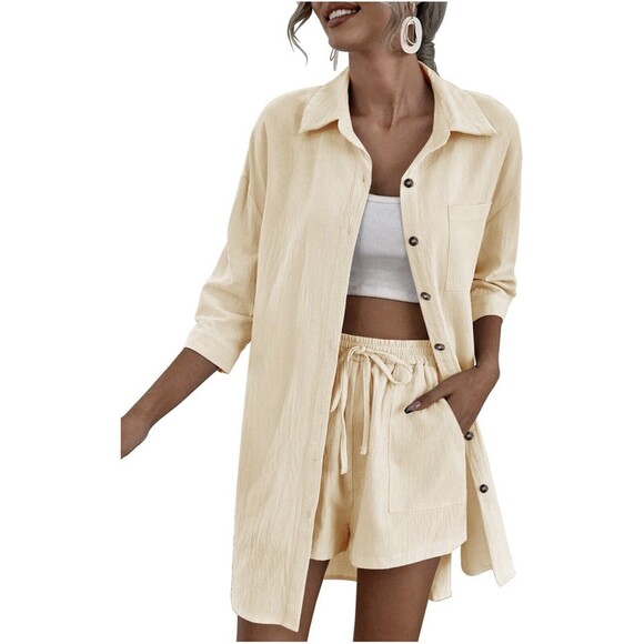 Zeagoo Womens Button Up Shirt Shorts Set Pockets Tan Beige Lightweight Size M - Picture 2 of 8